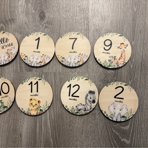 New in Bag- Wooden Baby Milestone Discs with Zoo Animals- Front and Back - Picture 2 of 3